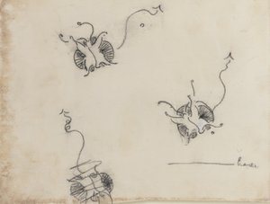 3つのウィスラー蝶と破壊されたスケッチ、c.1890（平版転写紙上のクレヨンと中国の白） 作： James Abbott McNeill Whistler
